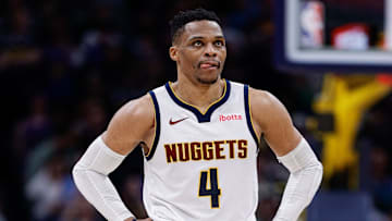 Apr 1, 2025; Denver, Colorado, USA; Denver Nuggets guard Russell Westbrook (4) in overtime against the Minnesota Timberwolves at Ball Arena. Mandatory Credit: Isaiah J. Downing-Imagn Images