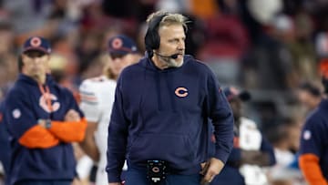Nov 3, 2024; Glendale, Arizona, USA; Chicago Bears head coach head coach Matt Eberflus against the Arizona Cardinals at State Farm Stadium. Mandatory Credit: Mark J. Rebilas-Imagn Images