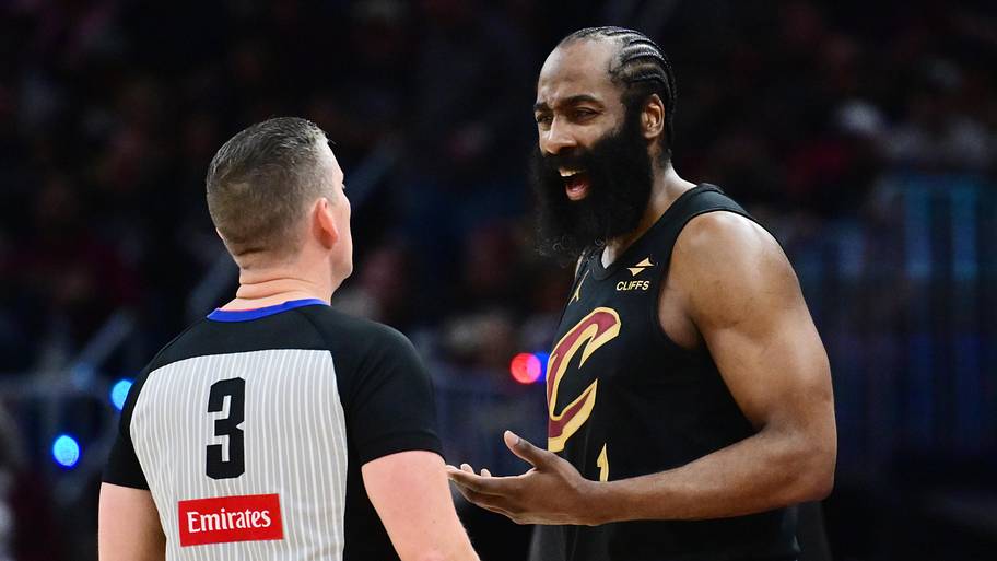 Cavaliers guard James Harden argues a call.
