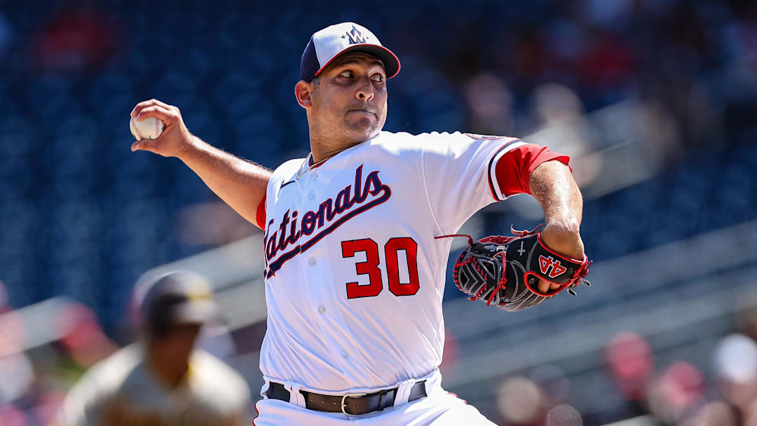 Aug 14, 2022; Washington, District of Columbia, USA; Washington Nationals starting pitcher Paolo Espino (30) pitches against the San Diego Padres during the first inning at Nationals Park. Mandatory Credit: Scott Taetsch-Imagn Images