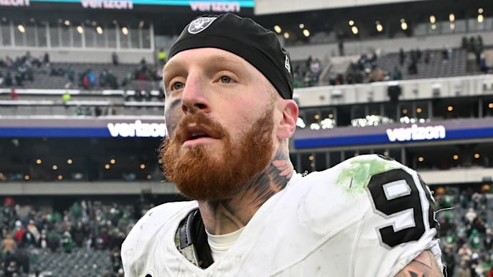 Dec 14, 2025; Philadelphia, Pennsylvania, USA; Las Vegas Raiders defensive end Maxx Crosby (98) on the field after loss to the Philadelphia Eagles at Lincoln Financial Field. Mandatory Credit: Eric Hartline-Imagn Images