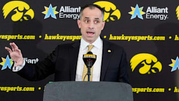 Ben McCollum, Iowa's new head men's basketball coach, speaks during his introductory press conference Tuesday, March 25, 2025 at Carver-Hawkeye Arena in Iowa City, Iowa.