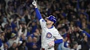 Oct 9, 2025; Chicago, Illinois, USA; Chicago Cubs right fielder Kyle Tucker (30) reacts after hitting a home run against the Milwaukee Brewers during the seventh inning for game four of the NLDS round for the 2025 MLB playoffs at Wrigley Field. Mandatory Credit: David Banks-Imagn Images