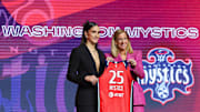 Apr 14, 2025; New York, New York, USA; Sonia Citron poses with WNBA commissioner Cathy Engelbert after being selected with the number three overall pick to the Washington Mystics in the 2025 WNBA Draft at The Shed at Hudson Yards. Mandatory Credit: Vincent Carchietta-Imagn Images