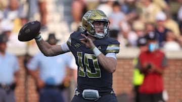 Sep 20, 2025; Atlanta, Georgia, USA; Georgia Tech Yellow Jackets quarterback Haynes King (10) throws a pass against the Temple Owls in the second quarter at Bobby Dodd Stadium at Hyundai Field. Mandatory Credit: Brett Davis-Imagn Images
