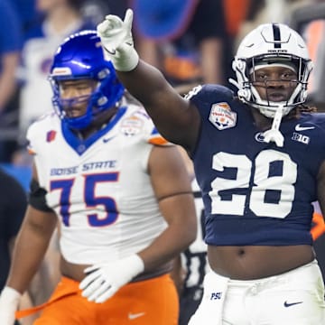 Penn State Nittany Lions defensive tackle Zane Durant celebrates a play against the Boise State Broncos during the Fiesta Bowl.