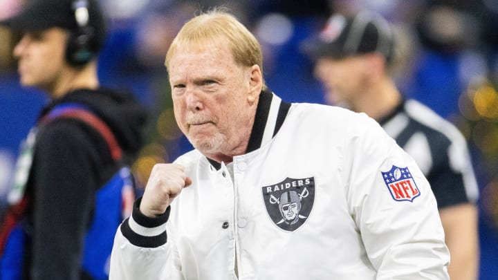 Dec 31, 2023; Indianapolis, Indiana, USA; Las Vegas Raiders owner Mark Davis during warmups against the Indianapolis Colts  at Lucas Oil Stadium. Mandatory Credit: Trevor Ruszkowski-USA TODAY Sports