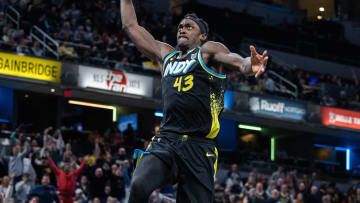 Feb 28, 2024; Indianapolis, Indiana, USA; Indiana Pacers forward Pascal Siakam (43) dunks the ball in the second half against the New Orleans Pelicans at Gainbridge Fieldhouse. Mandatory Credit: Trevor Ruszkowski-USA TODAY Sports