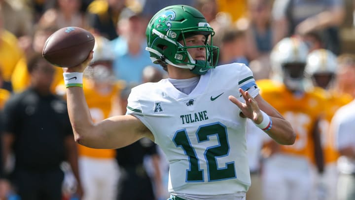 Sep 16, 2023; Hattiesburg, Mississippi, USA; Tulane Green Wave quarterback Kai Horton (12) makes a throw in the first half against the Southern Miss Golden Eagles at M.M. Roberts Stadium. Mandatory Credit: Chuck Cook-USA TODAY Sports