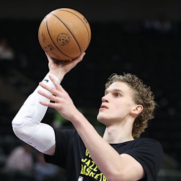 Mar 25, 2024; Salt Lake City, Utah, USA; Utah Jazz forward Lauri Markkanen warms up before the game against the Dallas Mavericks at Delta Center. Mandatory Credit: Rob Gray-Imagn Images