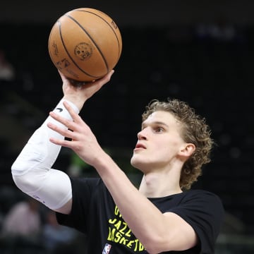 Mar 25, 2024; Salt Lake City, Utah, USA; Utah Jazz forward Lauri Markkanen warms up before the game against the Dallas Mavericks at Delta Center. Mandatory Credit: Rob Gray-USA TODAY Sports