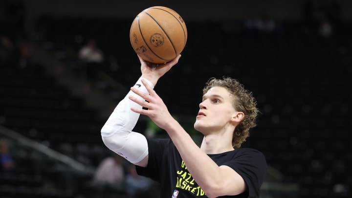 Mar 25, 2024; Salt Lake City, Utah, USA; Utah Jazz forward Lauri Markkanen warms up before the game against the Dallas Mavericks at Delta Center. Mandatory Credit: Rob Gray-USA TODAY Sports