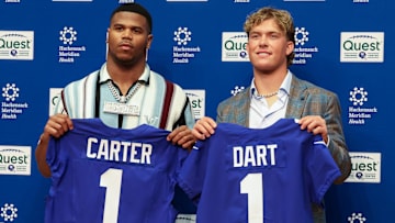 Apr 25, 2025; East Rutherford, NJ, US; New York Giants first round draft picks, Abdul Carter and Jaxson Dart pose for photos prior to the start of the press conference.  Mandatory Credit: Thomas Salus-Imagn Images
