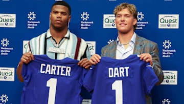 Apr 25, 2025; East Rutherford, NJ, US; New York Giants first round draft picks, Abdul Carter and Jaxson Dart pose for photos prior to the start of the press conference.  Mandatory Credit: Thomas Salus-Imagn Images