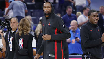 Oct 21, 2025; Oklahoma City, Oklahoma, USA; Houston Rockets forward Kevin Durant before the start of a game against the Oklahoma City Thunder at Paycom Center. Mandatory Credit: Alonzo Adams-Imagn Images