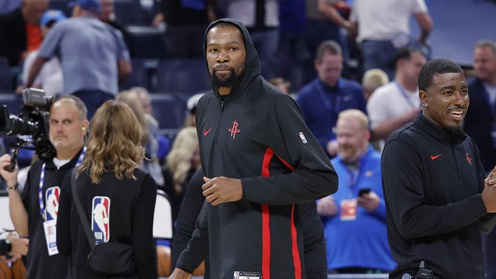 Oct 21, 2025; Oklahoma City, Oklahoma, USA; Houston Rockets forward Kevin Durant before the start of a game against the Oklahoma City Thunder at Paycom Center. Mandatory Credit: Alonzo Adams-Imagn Images