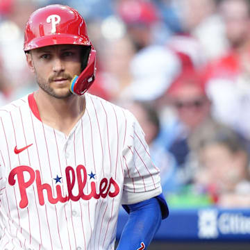 May 17, 2025; Philadelphia, Pennsylvania, USA; Philadelphia Phillies infielder Trea Turner (7) looks on against the Pittsburgh Pirates in the fourth inning at Citizens Bank Park