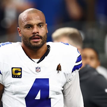 Dallas Cowboys quarterback Dak Prescott looks on before the game against the New York Giants at AT&T Stadium.