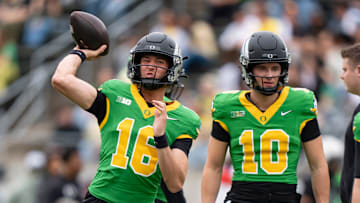 Fighting Ducks quarterback Austin Novosad throws out a pass as the Fighting Ducks face off against Mighty Oregon in the Oregon Ducks spring game on April 26, 2025, at Autzen Stadium in Eugene.