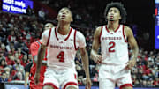 Oct 17, 2024; Piscataway, NJ, USA;Rutgers Scarlet Knights guards Airious Bailey (4) and Dylan Harper (2) get ready to grab a rebound in the first half against the St. John's Red Storm at Jersey Mike's Arena. Mandatory Credit: Wendell Cruz-Imagn Images