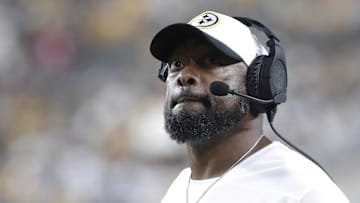 Oct 6, 2024; Pittsburgh, Pennsylvania, USA;  Pittsburgh Steelers head coach Mike Tomlin looks on against the Dallas Cowboys during the third quarter at Acrisure Stadium. Dallas won 20-17. Mandatory Credit: Charles LeClaire-Imagn Images