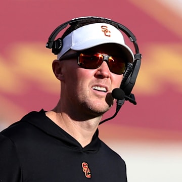 Nov 18, 2023; Los Angeles, California, USA; USC Trojans head coach Lincoln Riley during the third quarter against the UCLA Bruins at United Airlines Field at Los Angeles Memorial Coliseum. Mandatory Credit: Jason Parkhurst-Imagn Images