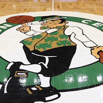 May 15, 2022; Boston, Massachusetts, USA; The Boston Celtics logo is seen at center court before game seven of the second round of the 2022 NBA playoffs between the Boston Celtics and the Milwaukee Bucks at TD Garden. Mandatory Credit: Winslow Townson-Imagn Images