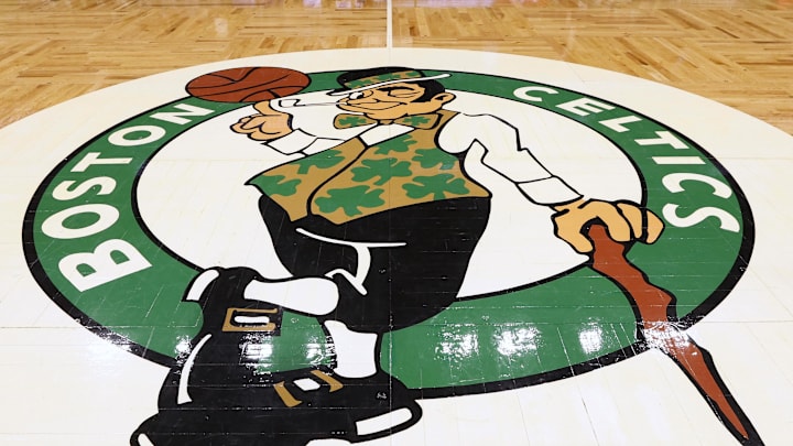 May 15, 2022; Boston, Massachusetts, USA; The Boston Celtics logo is seen at center court before game seven of the second round of the 2022 NBA playoffs between the Boston Celtics and the Milwaukee Bucks at TD Garden. Mandatory Credit: Winslow Townson-Imagn Images