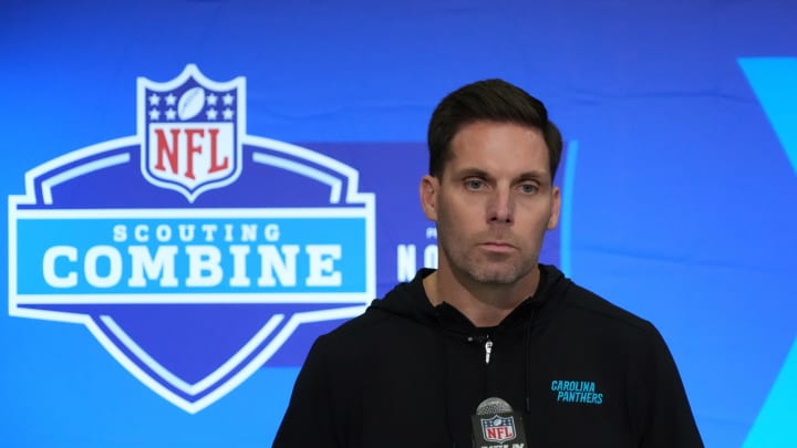 Feb 27, 2024; Indianapolis, IN, USA; Carolina Panthers general manager Dan Morgan speaks at a press conference during the NFL Scouting Combine at Indiana Convention Center. 