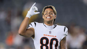 Oct 16, 2025; Cincinnati, Ohio, USA; Cincinnati Bengals wide receiver Andrei Iosivas (80) acknowledges the crowd before the game against the Pittsburgh Steelers at Paycor Stadium.
