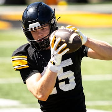 Apr 26, 2025; Iowa City, IA, USA; Iowa wide receiver Reece Vander Zee (15) runs a drill during a spring NCAA football open practice at Kinnick Stadium. Mandatory Credit: Joseph Cress/For the Register