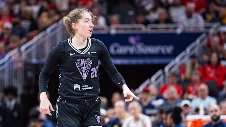 Golden State Valkyries guard Kate Martin (20) celebrates a made basket  in the second half against the Indiana Fever.