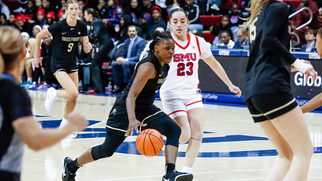 Wake Forest's Milan Brown drives to the basket against the SMU Mustangs, Feb. 5, 2026.