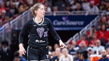 Golden State Valkyries guard Kate Martin (20) celebrates a made basket  in the second half against the Indiana Fever.