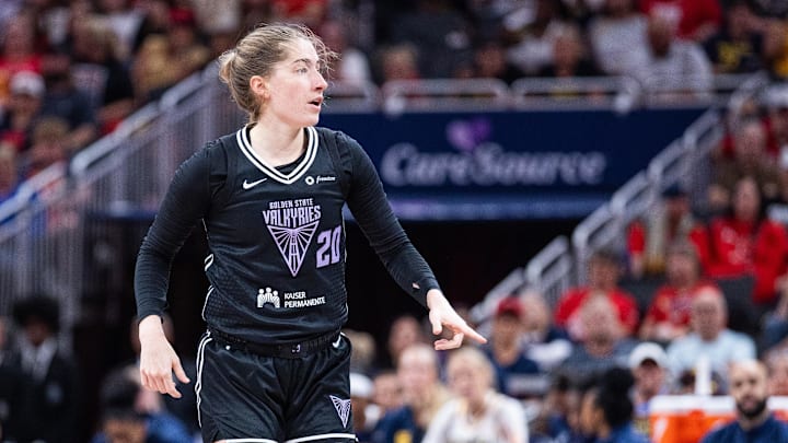 Golden State Valkyries guard Kate Martin (20) celebrates a made basket in the second half against the Indiana Fever. Golden State Valkyries guard Kate Martin (20) celebrates a made basket in the second half against the Indiana Fever.
