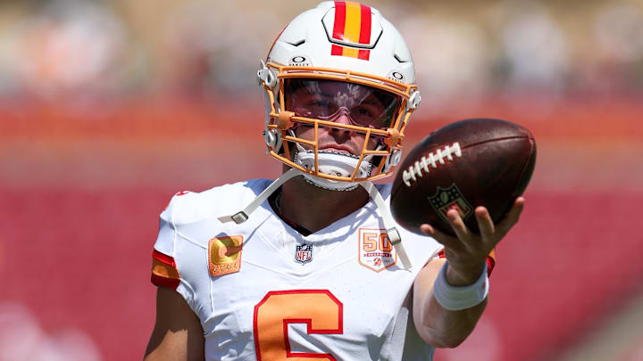 Tampa Bay Buccaneers quarterback Baker Mayfield (6) warms up before a game against the New York Jets at Raymond James Stadium.