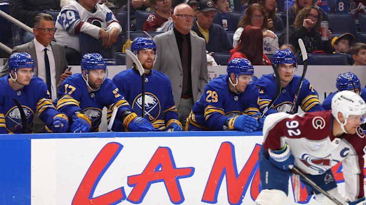 Sabres head coach Lindy Ruff and Buffalo players including winger Jason Zucker