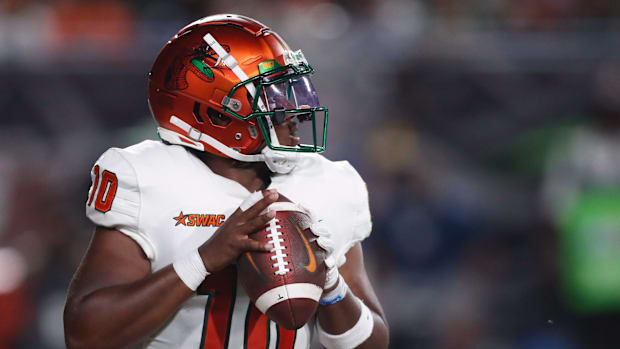 Florida A&M quarterback Daniel Richardson (10) looks to throw a pass during the Cricket MEAC-SWAC Challenge NCAA college 