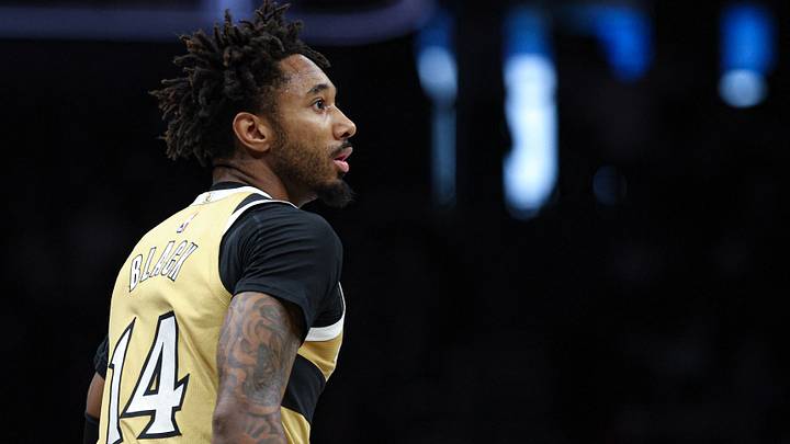Apr 5, 2026; Brooklyn, New York, USA; Washington Wizards forward Leaky Black (14) looks back during the first quarter against the Brooklyn Nets at Barclays Center. Mandatory Credit: Vincent Carchietta-Imagn Images