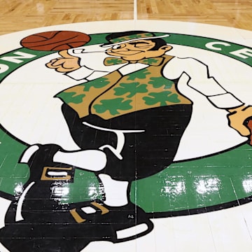 May 15, 2022; Boston, Massachusetts, USA; The Boston Celtics logo is seen at center court before game seven of the second round of the 2022 NBA playoffs between the Boston Celtics and the Milwaukee Bucks at TD Garden. Mandatory Credit: Winslow Townson-Imagn Images
