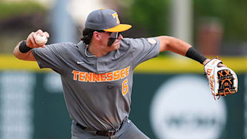 Tennessee's Gavin Kilen (6) throws to first during game one of the NCAA baseball tournament Fayetteville Super Regional between Tennessee and Arkansas held at Baum-Walker Stadium on Saturday, June 7, 2025.