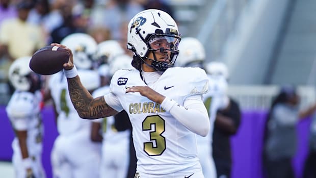 Colorado Buffaloes quarterback Kaidon Salter (3) warms up prior to a game against the TCU Horned Frogs at Amon G. Carter Stad