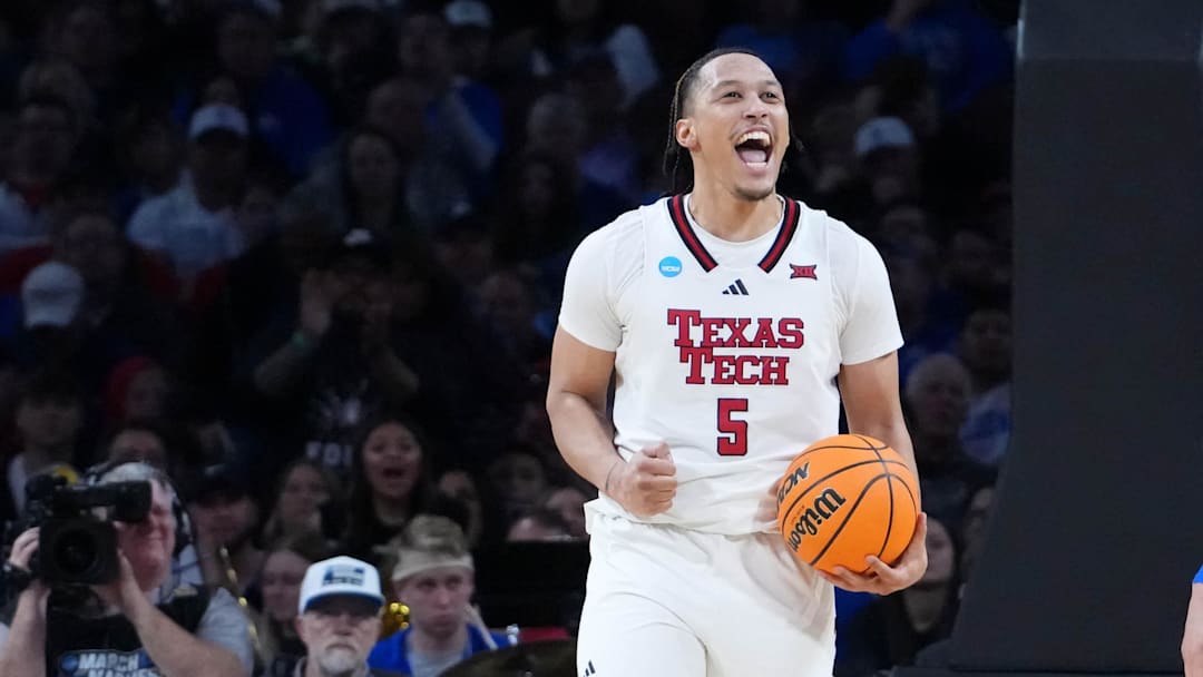 Mar 22, 2025; Wichita, KS, USA; Texas Tech Red Raiders forward Darrion Williams (5) reacts after a play against the Drake Bulldogs during the second half at Intrust Bank Arena. Mandatory Credit: Kirby Lee-Imagn Images