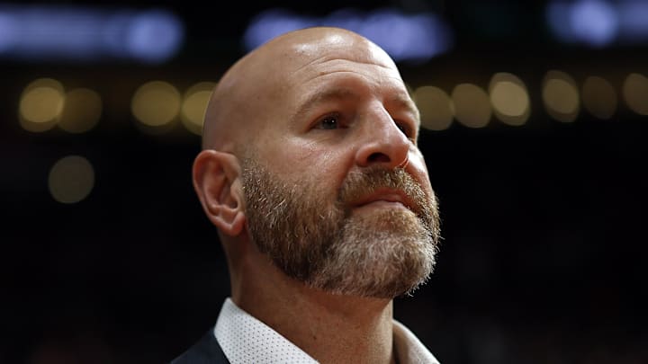 Oct 28, 2022; Portland, Oregon, USA; Portland Trail Blazers general manager Joe Cronin looks ion before the game against the Houston Rockets at Moda Center. Mandatory Credit: Soobum Im-Imagn Images