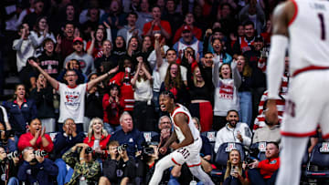 Nov 4, 2024; Tucson, Arizona, USA;  Arizona Wildcats guard Jaden Bradley (0) and Zona Zoo fans celebrate during the first half against Canisius Golden Griffins at McKale Center. Mandatory Credit: Aryanna Frank-Imagn Images