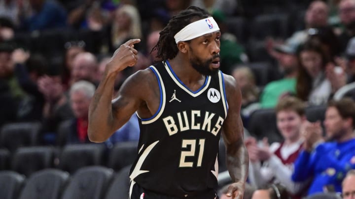 Apr 9, 2024; Milwaukee, Wisconsin, USA;  Milwaukee Bucks guard Patrick Beverley (21) reacts after scoring a basket in the third quarter against the Boston Celtics at Fiserv Forum. 