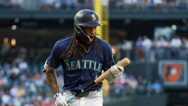 Seattle Mariners shortstop J.P. Crawford (3) reacts after a swinging strike out against the Baltimore Orioles during the third inning at T-Mobile Park on July 3.