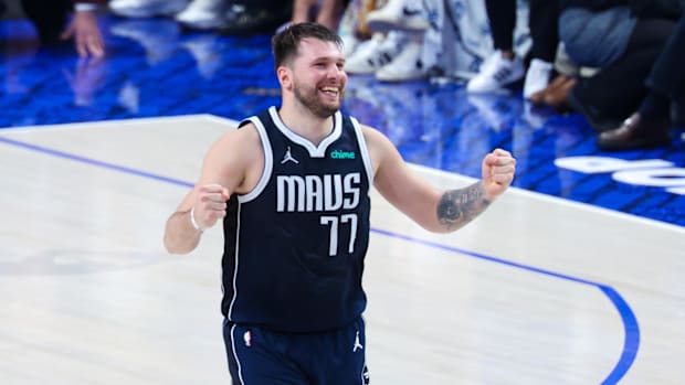 Dallas Mavericks guard Luka Doncic (77) reacts during the game against the Boston Celtics during the 2024 NBA Finals.