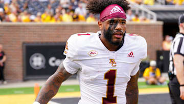 Sep 14, 2024; Columbia, Missouri, USA; Boston College Eagles quarterback Thomas Castellanos (1) returns to the sidelines after a score against the Missouri Tigers during the first half at Faurot Field at Memorial Stadium. Mandatory Credit: Denny Medley-Imagn Images