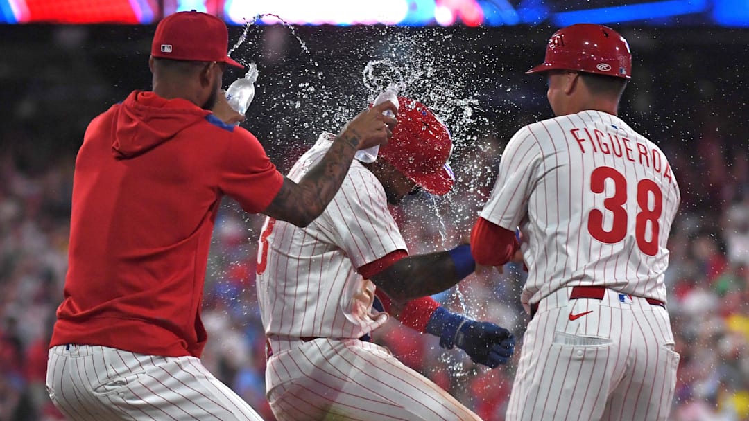 Philadelphia Phillies second base Edmundo Sosa celebrates a walk-off win on catcher's interference against the Boston Red Sox